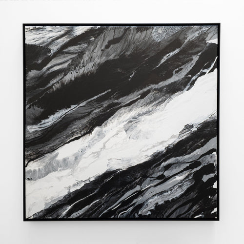 Modern black and white acrylic painting with black frame.