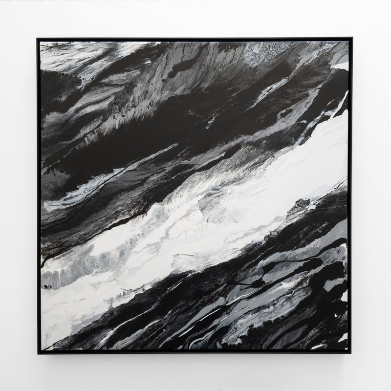 Modern black and white acrylic painting with black frame.