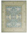 Blue and Beige Hand Knotted 8x10 Oriental Oushak Wool Area Rug | TRDCP1173810