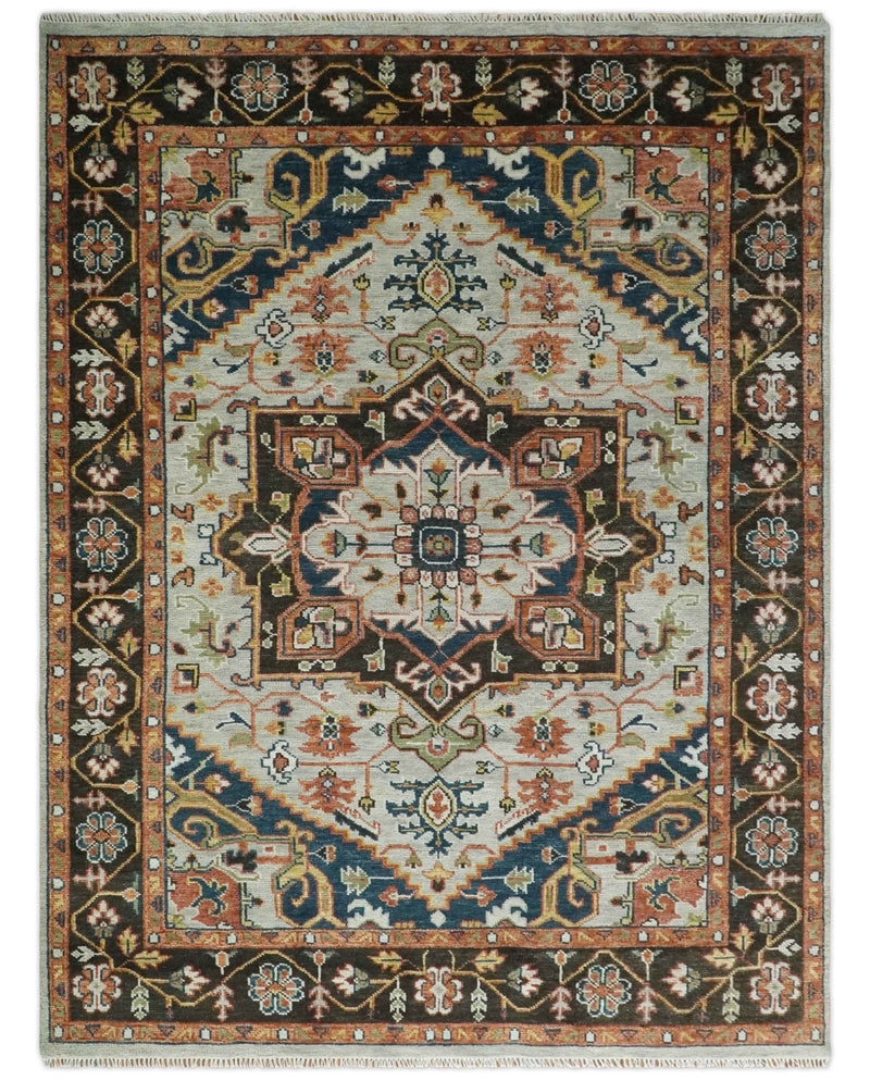 Blue and Brown Traditional Antique look Heriz Serapi Hand Knotted Custom Made wool Area Rug