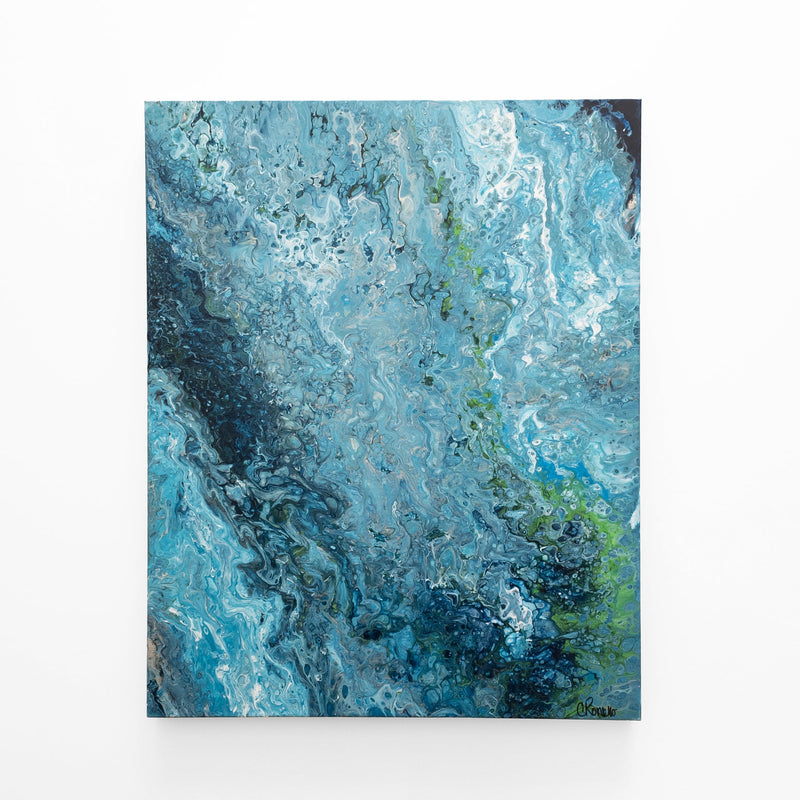 Aqua and green painting depicting water.