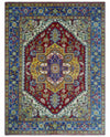 Blue, Red and Gold Hand Knotted Traditional Heriz Serapi Multi size Wool Area Rug