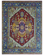 Blue, Red and Gold Hand Knotted Traditional Heriz Serapi Multi size Wool Area Rug