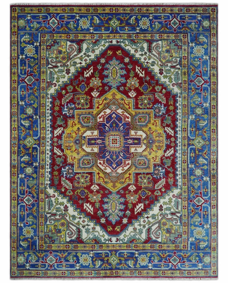 Blue, Red and Gold Hand Knotted Traditional Heriz Serapi Multi size Wool Area Rug