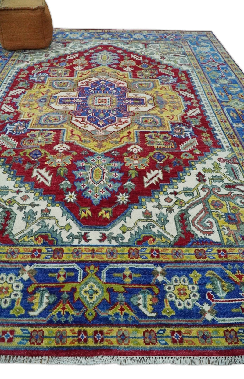 Blue, Red and Gold Hand Knotted Traditional Heriz Serapi Multi size Wool Area Rug