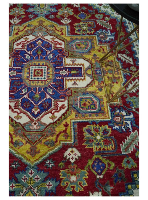 Blue, Red and Gold Hand Knotted Traditional Heriz Serapi Multi size Wool Area Rug