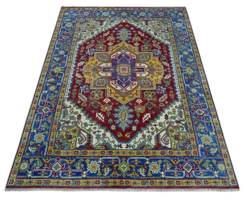 Blue, Red and Gold Hand Knotted Traditional Heriz Serapi Multi size Wool Area Rug