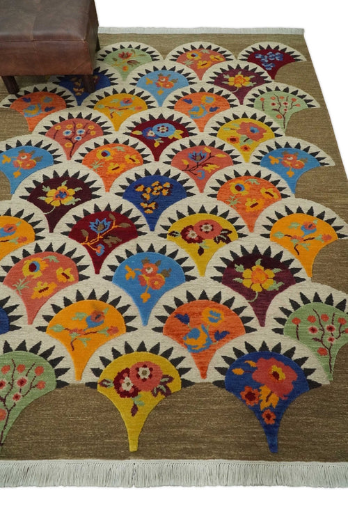 5x7 Flatwoven Soumak Brown and Ivory with multicolor Wool Hand Woven Floral Design Rug | KNT21