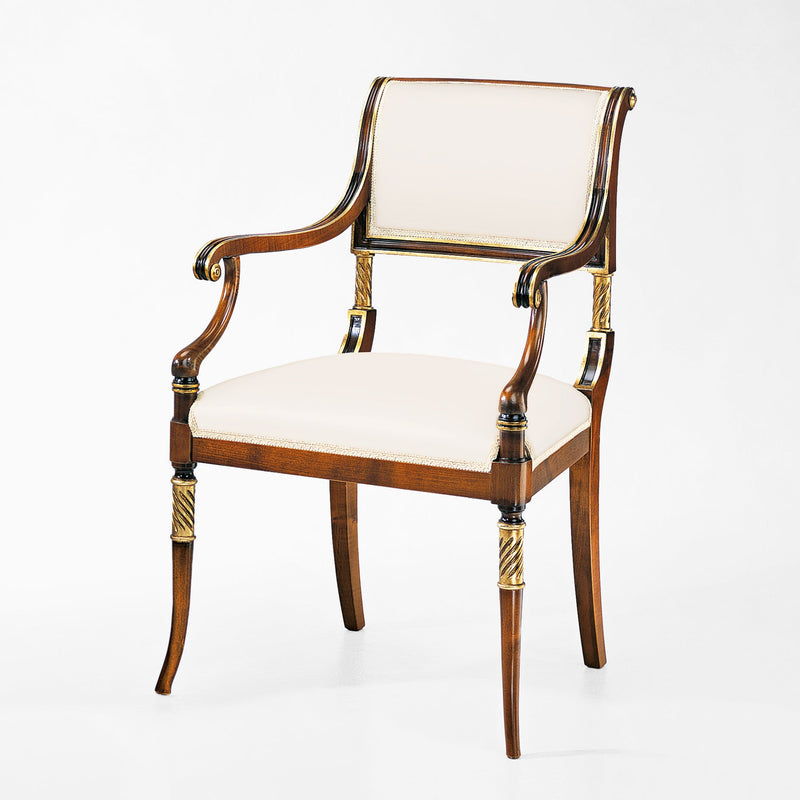 Brown wood chair with gold accents and cream fabric.
