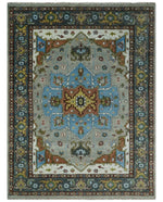 Traditional Heriz Blue, silver, Charcoal and Ivory Hand Knotted Multi size wool Area Rug