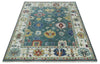 8x10 All Wool Traditional Persian Blue Teal and Ivory Vibrant Colorful Hand knotted Oushak Area Rug