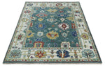 8x10 All Wool Traditional Persian Blue Teal and Ivory Vibrant Colorful Hand knotted Oushak Area Rug