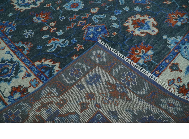 Hand Knotted Charcoal, Blue and Ivory Traditional Oriental Oushak Multi Size Wool Area Rug