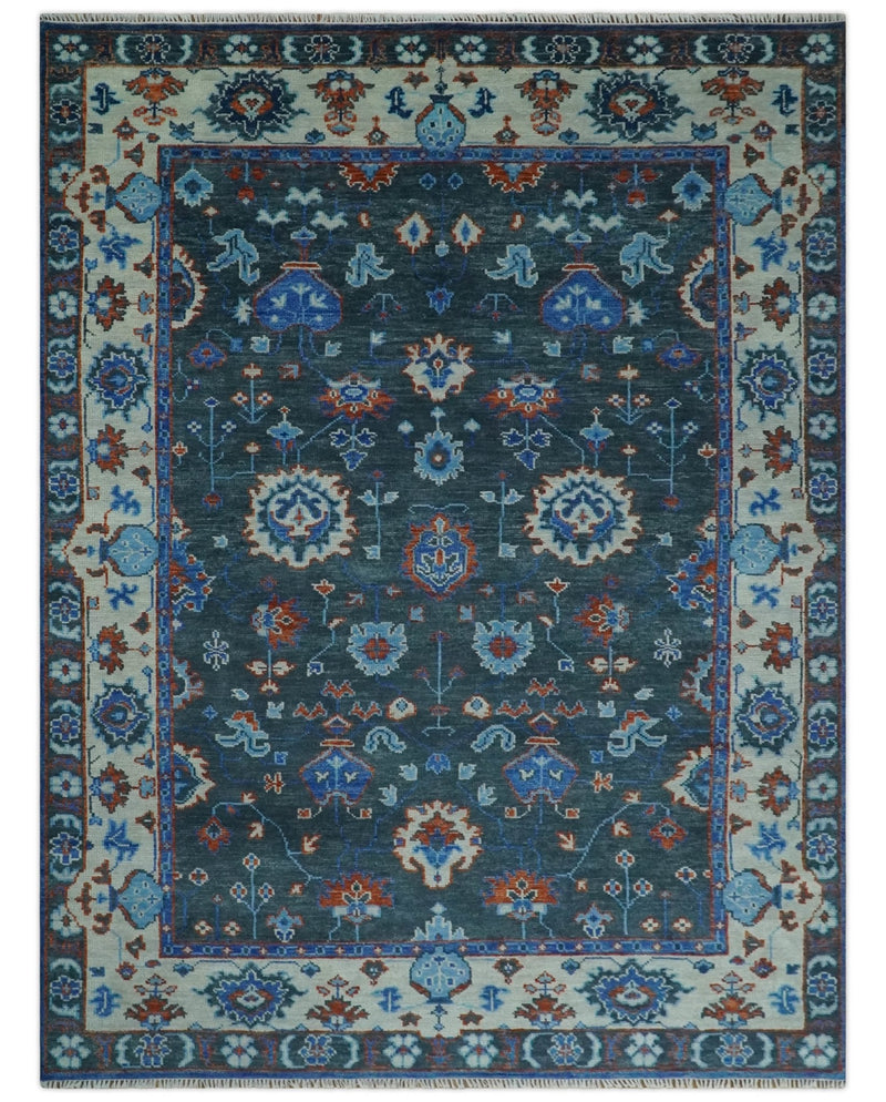 Hand Knotted Charcoal, Blue and Ivory Traditional Oriental Oushak Multi Size Wool Area Rug