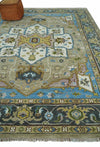 Custom Made Hand Knotted Ivory, Camel and Teal Modern Heriz Serapi Wool Rug