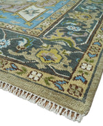 Custom Made Hand Knotted Ivory, Camel and Teal Modern Heriz Serapi Wool Rug