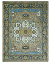 Custom Made Hand Knotted Ivory, Camel and Teal Modern Heriz Serapi Wool Rug