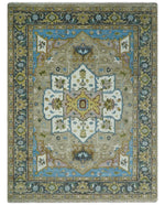 Custom Made Hand Knotted Ivory, Camel and Teal Modern Heriz Serapi Wool Rug