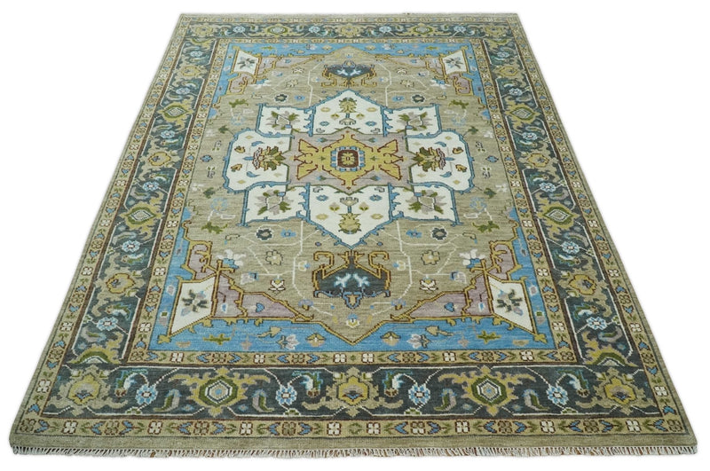 Custom Made Hand Knotted Ivory, Camel and Teal Modern Heriz Serapi Wool Rug