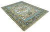 Custom Made Hand Knotted Ivory, Camel and Teal Modern Heriz Serapi Wool Rug