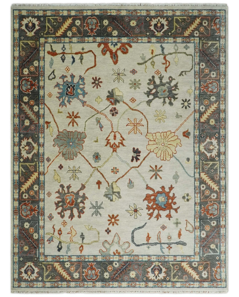 Hand Knotted Ivory, Charcoal and Blue Traditional Oriental Oushak Multi size Wool Area Rug