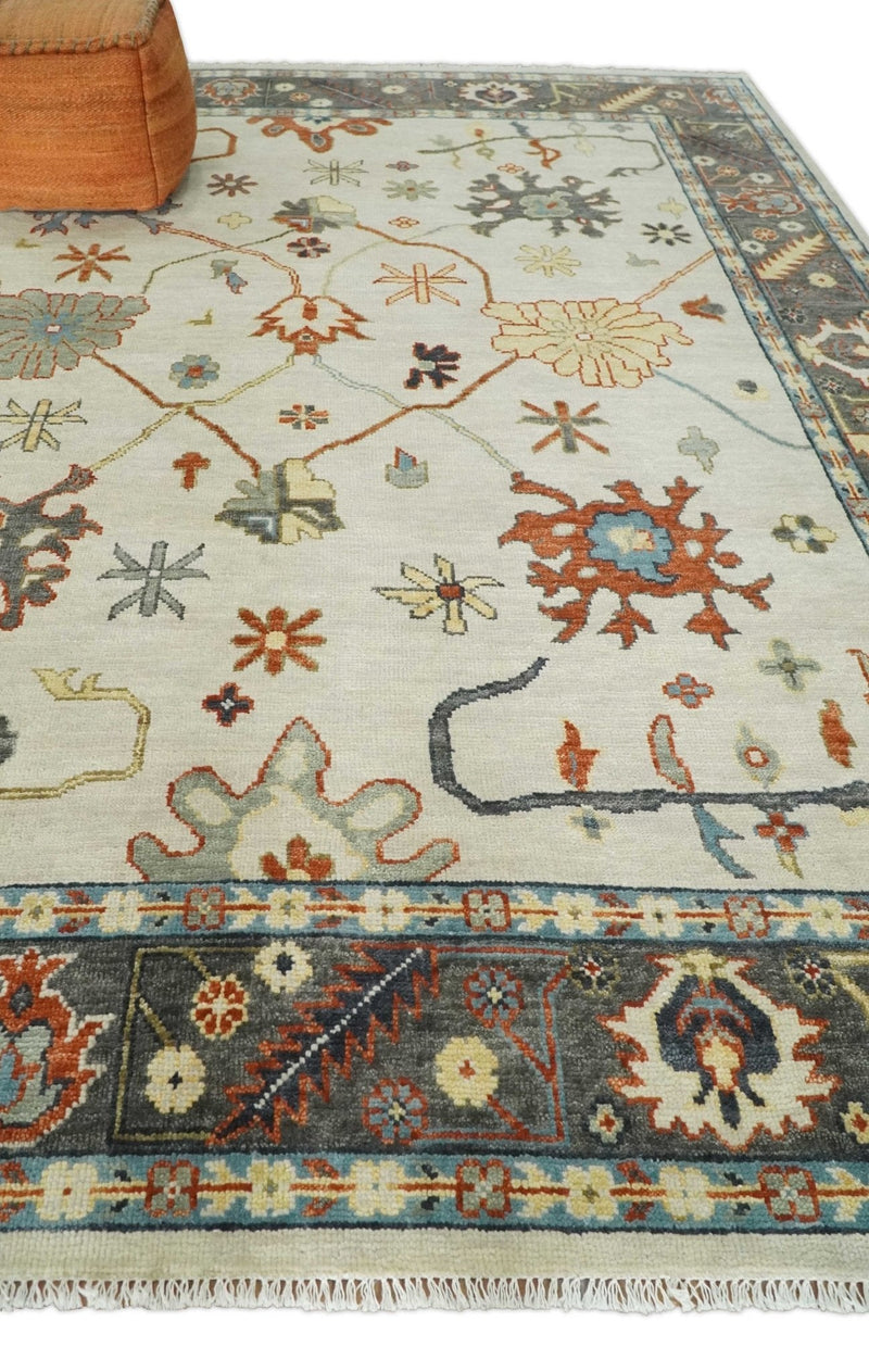 Hand Knotted Ivory, Charcoal and Blue Traditional Oriental Oushak Multi size Wool Area Rug