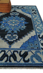 Blue, Black and Ivory Hand Knotted Antique Traditional Heriz Serapi Multi Size Wool Area Rug