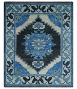 Blue, Black and Ivory Hand Knotted Antique Traditional Heriz Serapi Multi Size Wool Area Rug