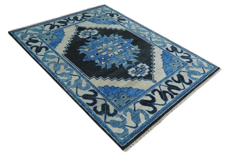 Blue, Black and Ivory Hand Knotted Antique Traditional Heriz Serapi Multi Size Wool Area Rug