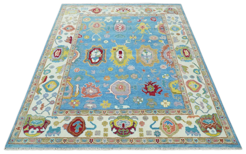 Blue and Ivory Hand Knotted Traditional Oushak Multi Size Wool Area Rug