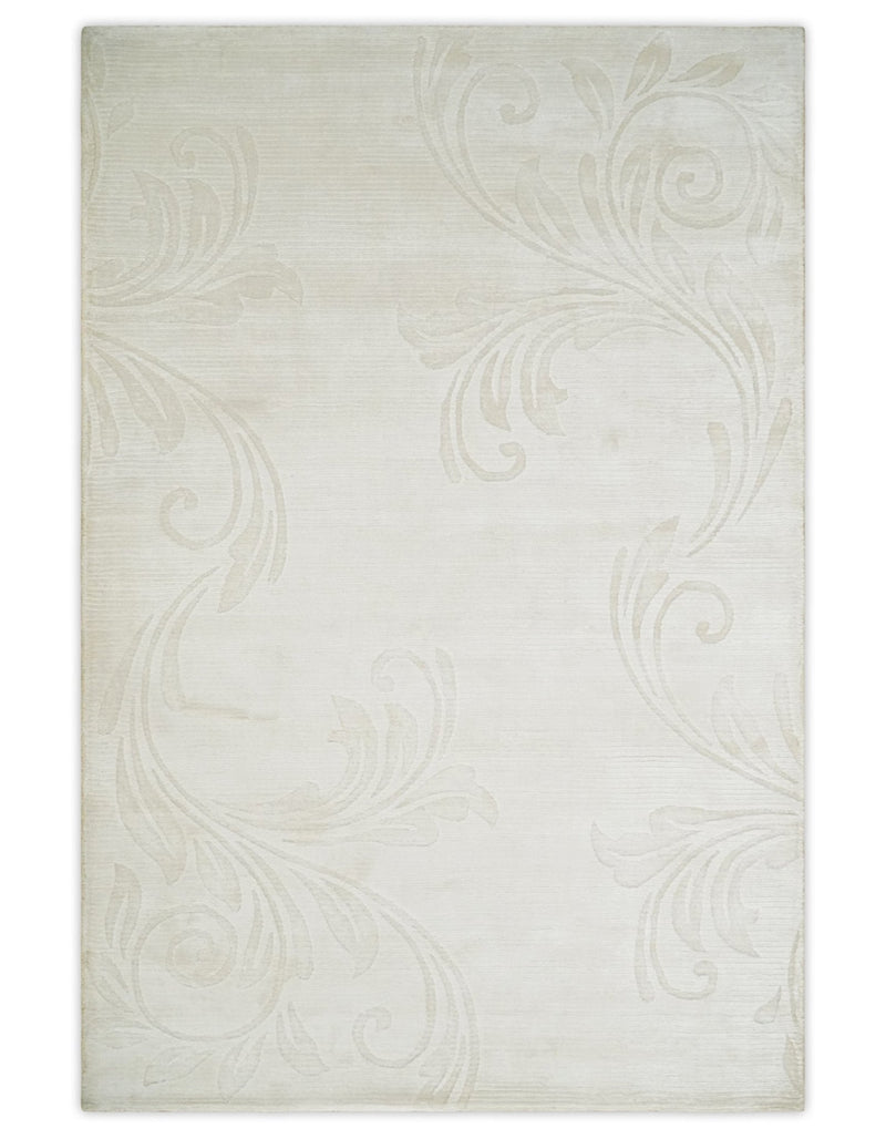 4x6 Hand Woven and Carved Silver and Ivory Floral Art Silk Rug | KNT5