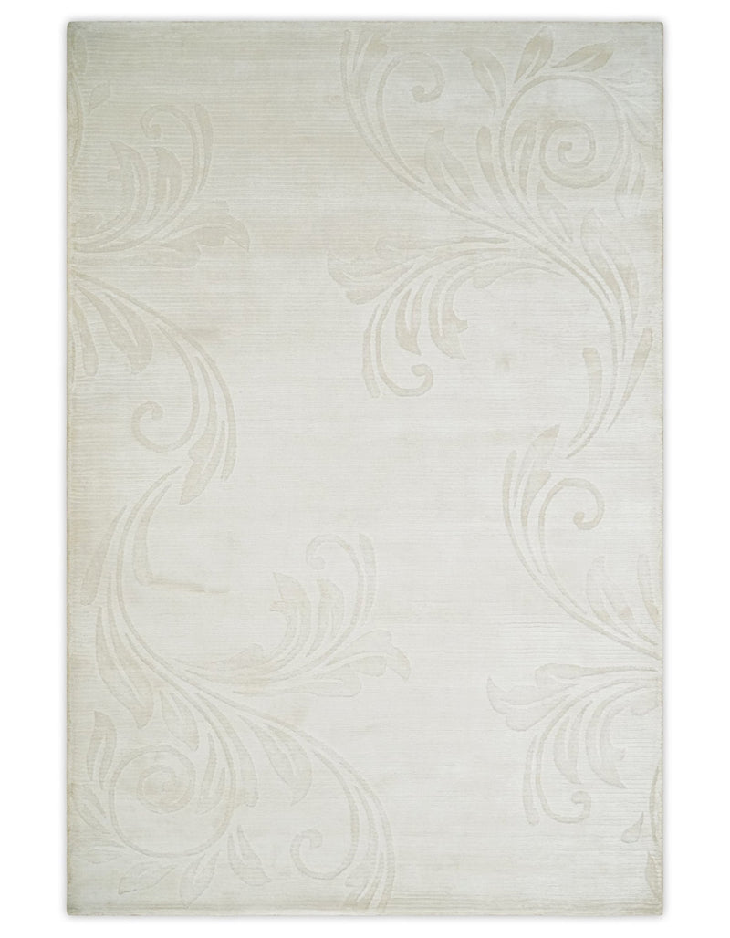4x6 Hand Woven and Carved Silver and Ivory Floral Art Silk Rug | KNT5