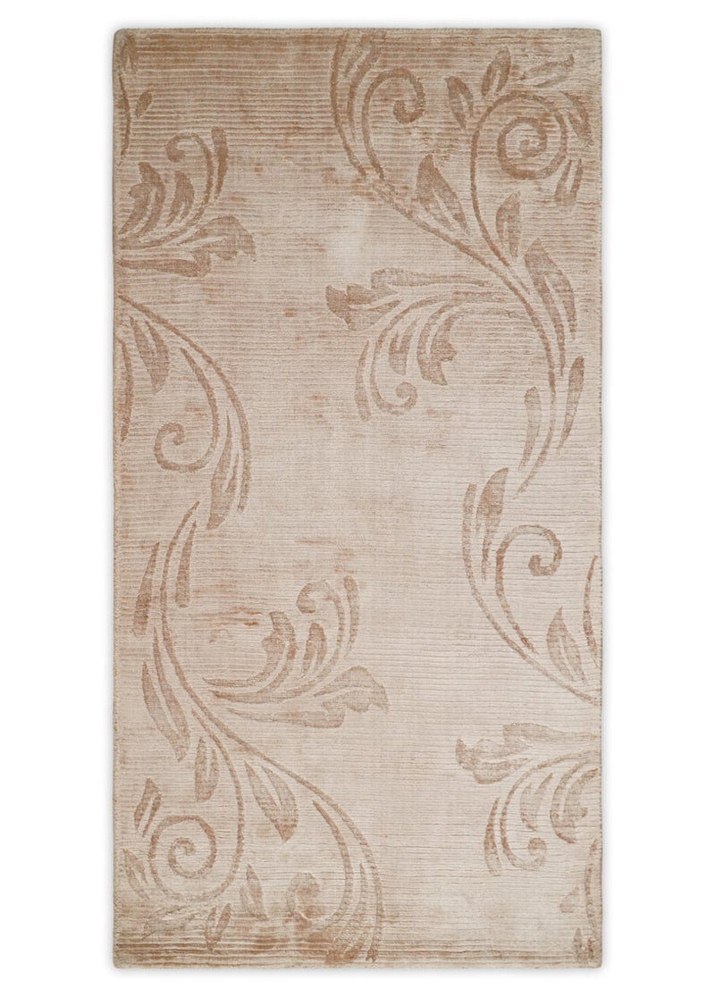 3x5 Hand Woven and Carved Beige and Peach Floral Art Silk Rug | KNT12