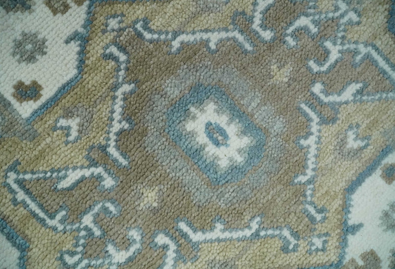 Teal, Ivory and Olive Hand Knotted Traditional Heriz Multi Size Wool Area Rug