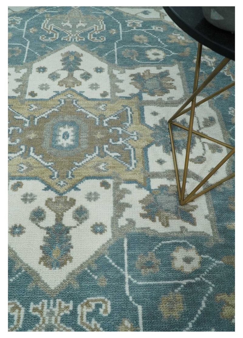 Teal, Ivory and Olive Hand Knotted Traditional Heriz Multi Size Wool Area Rug