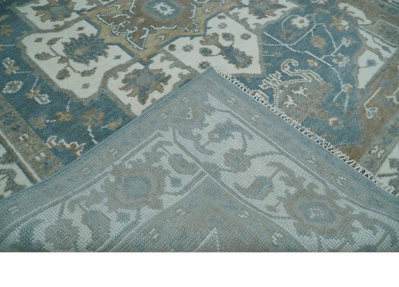 Teal, Ivory and Olive Hand Knotted Traditional Heriz Multi Size Wool Area Rug