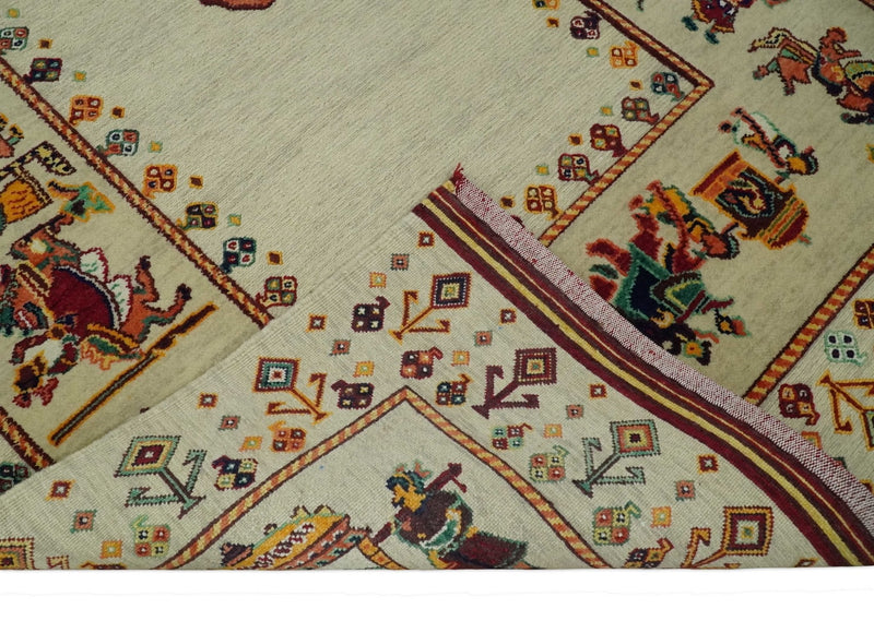 5x7 Flatwoven Soumak, Ivory and Beige Indian Wedding, Hand Spun Wool Hand Knotted Southwestern Gabbeh Rug | KNT42