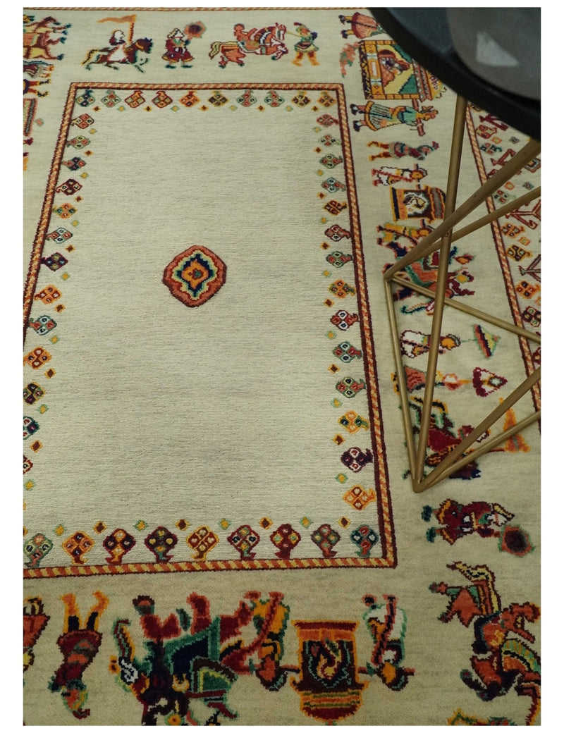 5x7 Flatwoven Soumak, Ivory and Beige Indian Wedding, Hand Spun Wool Hand Knotted Southwestern Gabbeh Rug | KNT42