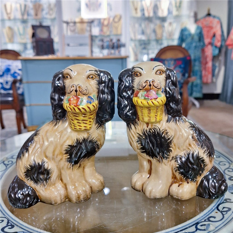 Staffordshire Black Dog with Flower Basket-Pair L8006-BK