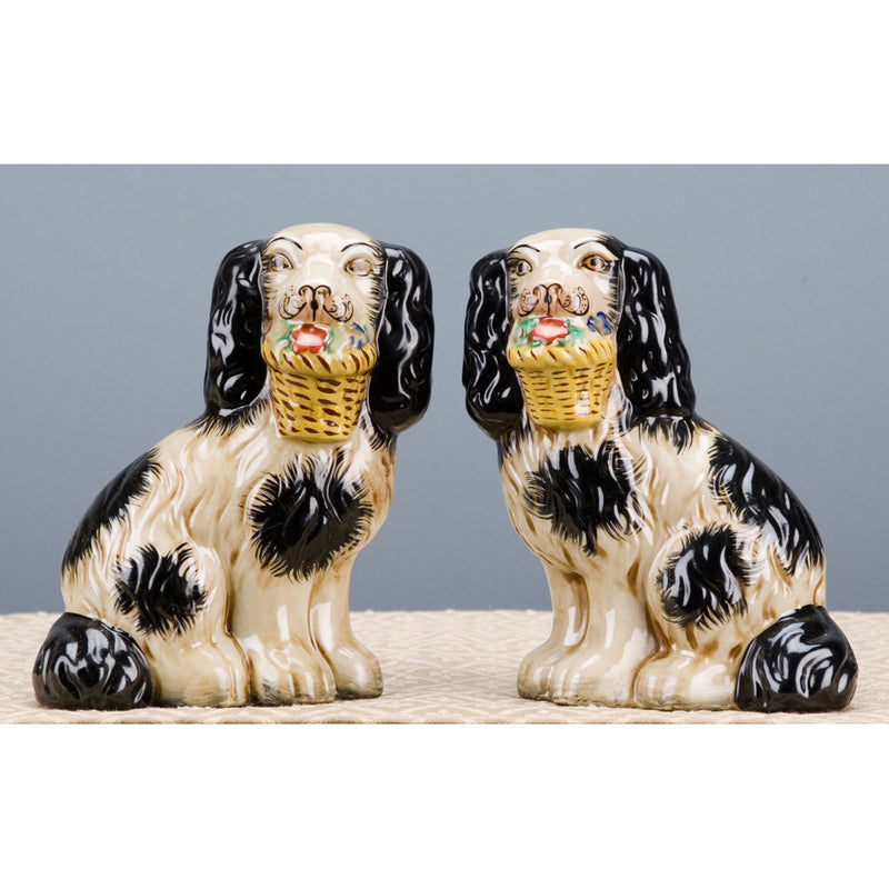 Staffordshire Black Dog with Flower Basket-Pair L8006-BK