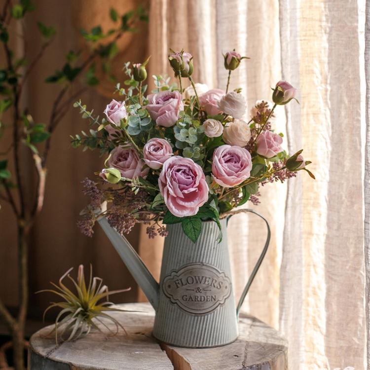 Artificial Silk Lady Pink Rose Leaf Bouquet 16" Tall