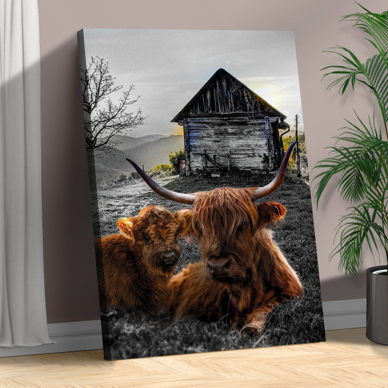 Highland Cow Farmhouse Canvas Wall Art
