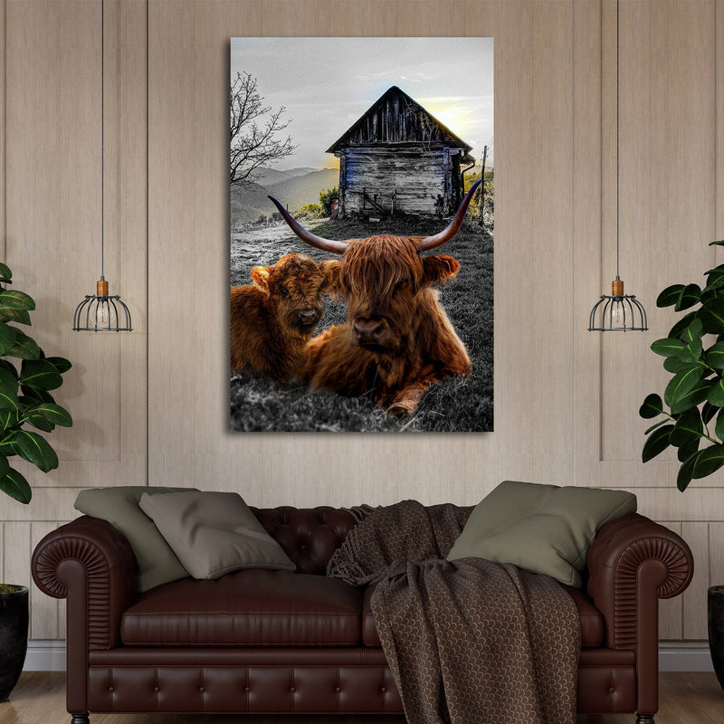 Highland Cow Farmhouse Canvas Wall Art