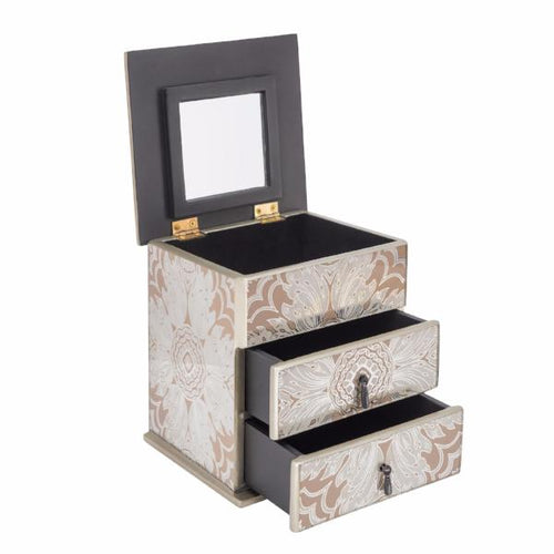 Small Reverse Painted Mirror Jewelry Box in Sand and Silver