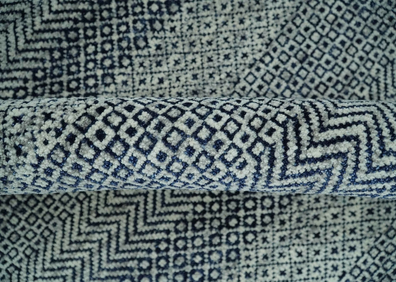 8x10 Hand Knotted Modern Geometric Trellis Scandinavian Blue, Ivory and Silver Wool Area Rug | TRDCP938810