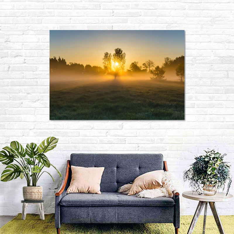 Misty Meadow At Sunrise Wall Art