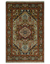 Blue and Brown Traditional Antique look Heriz Serapi Hand Knotted Custom Made wool Area Rug