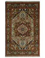 Blue and Brown Traditional Antique look Heriz Serapi Hand Knotted Custom Made wool Area Rug