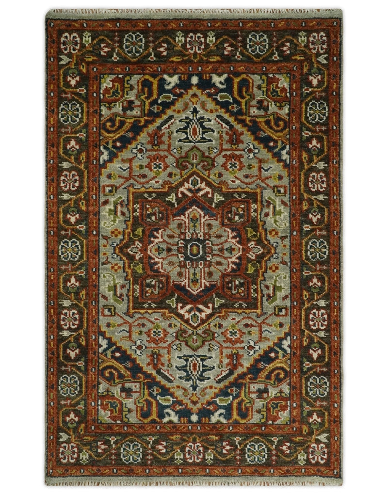 Blue and Brown Traditional Antique look Heriz Serapi Hand Knotted Custom Made wool Area Rug