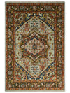 Blue and Brown Traditional Antique look Heriz Serapi Hand Knotted Custom Made wool Area Rug